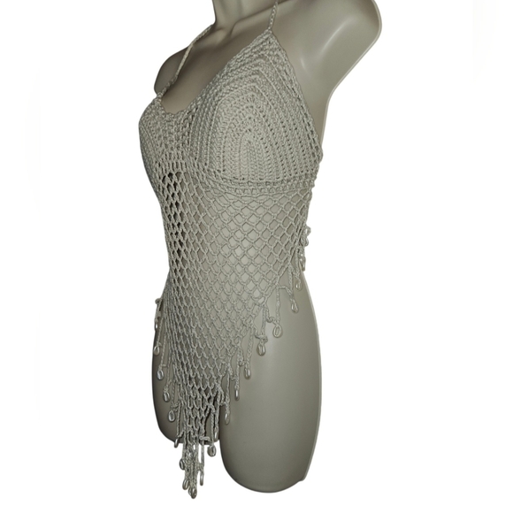 Hand Crafted Tan Crop-Top Fishnet triangular Design Hand Knit Crochet Swim Cover - Picture 4 of 17